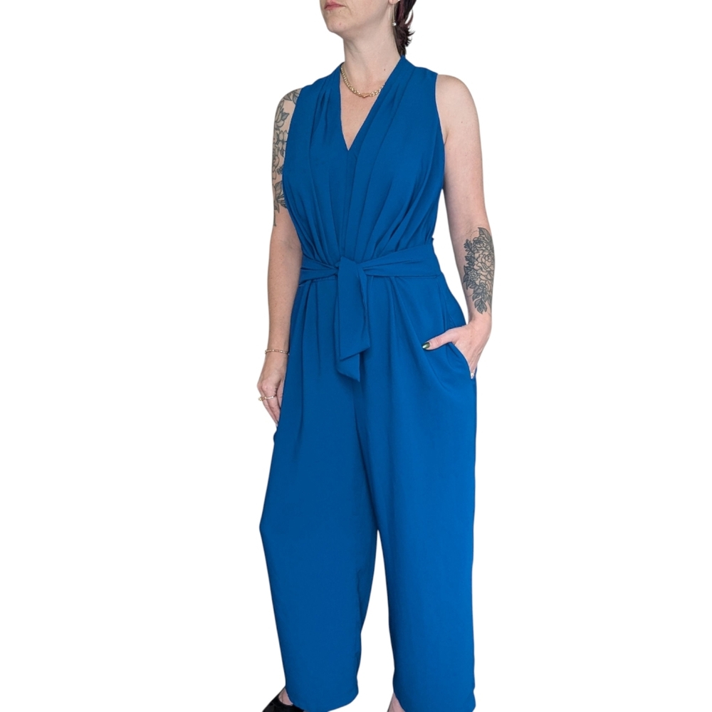 Gal Meets Glam Devin Blue Sleeveless Tie-Waist Wide-Leg Jumpsuit – Size 10